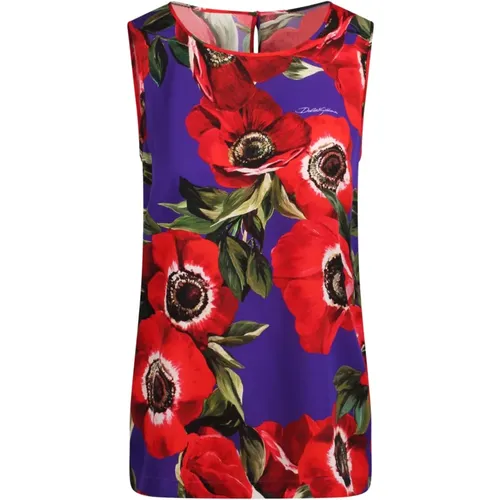 Poppy Print Silk Tank Top , female, Sizes: S, XS - Dolce & Gabbana - Modalova