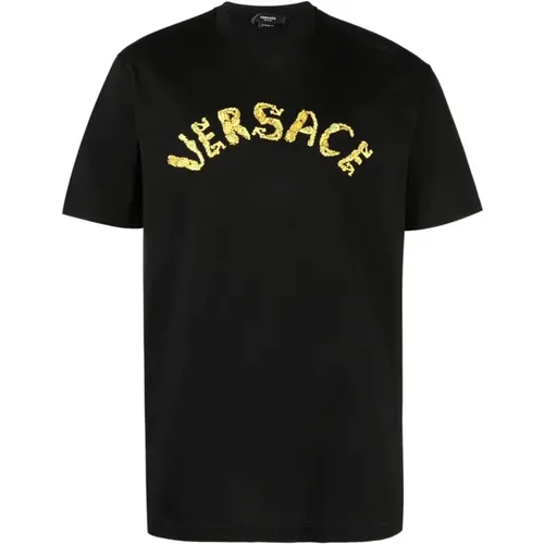 Schwarze T-Shirts und Polos mit Besticktem Logo , Herren, Größe: M - Versace - Modalova