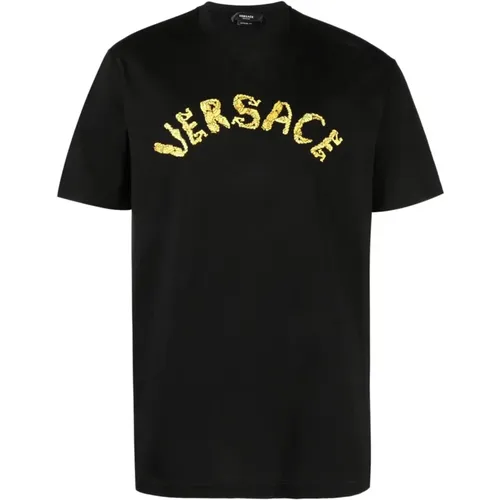 Schwarze T-Shirts und Polos mit Besticktem Logo , Herren, Größe: S - Versace - Modalova