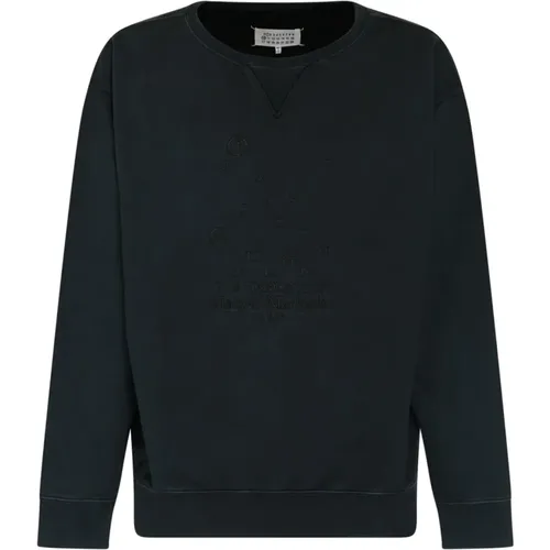Kohlschwarzer Baumwoll-Sweatshirt mit Besticktem Logo , Herren, Größe: M - Maison Margiela - Modalova