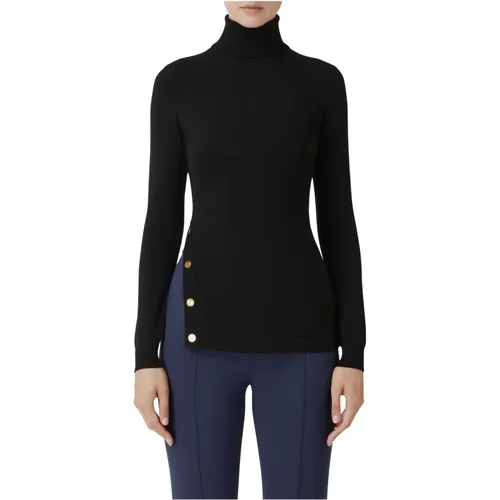 Schwarzer Rollkragenpullover mit Goldknöpfen , Damen, Größe: XL - Elisabetta Franchi - Modalova