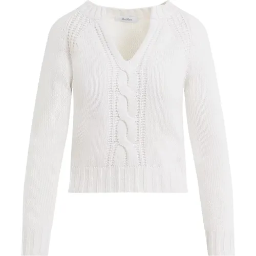 V-Ausschnitt Zopfmuster Pullover in Creme - Max Mara - Modalova