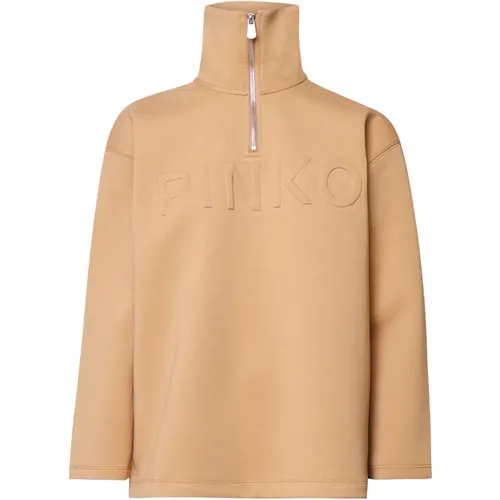 Beiger Bestickter Sweatshirt Oversized Reißverschluss Kragen , Damen, Größe: 2XS - pinko - Modalova