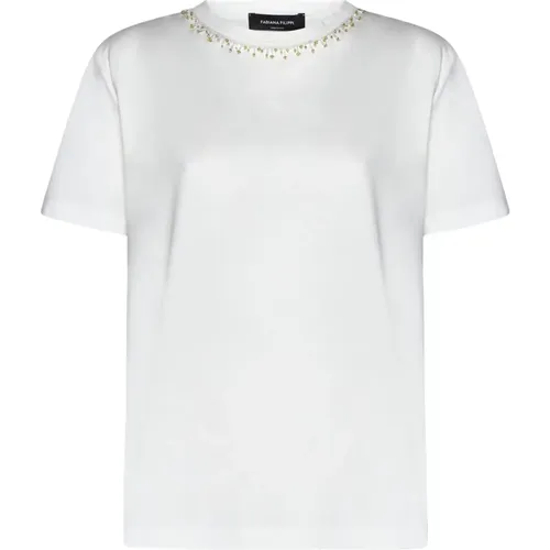 Weiße Baumwoll-T-Shirt mit Strass,Weiße Perlenbesetzte Crew Neck T-shirts - Fabiana Filippi - Modalova
