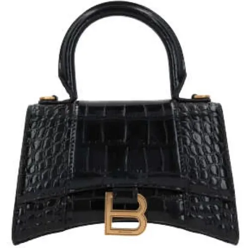 Schwarze Handtasche aus Kroko-geprägtem Leder mit antikgoldener Hardware,Hourglass XS Handtasche mit Krokodilmuster,Schwarze Tasche mit Krokodileffek - Balenciaga - Modalova