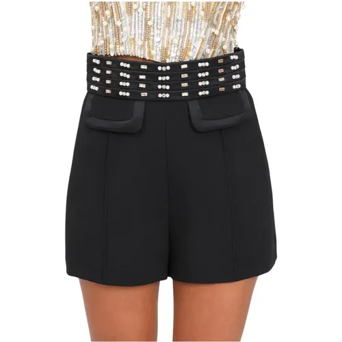 Schwarze Crêpe Stretch Shorts mit Verzierter Taille - Elisabetta Franchi - Modalova