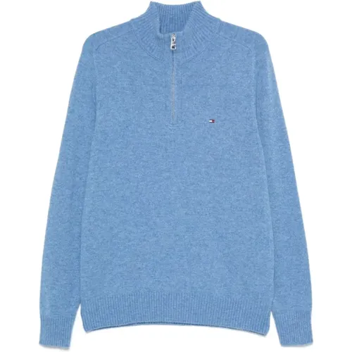 Blauer Wollstrickpullover Halber Reißverschluss , Herren, Größe: L - Tommy Hilfiger - Modalova