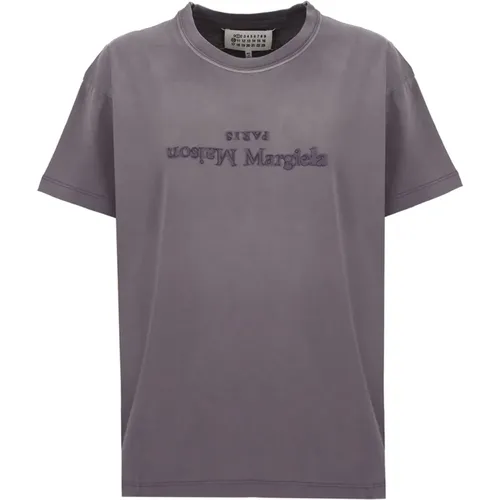 Lila Baumwoll-T-Shirt mit Besticktem Logo , Damen, Größe: M - Maison Margiela - Modalova