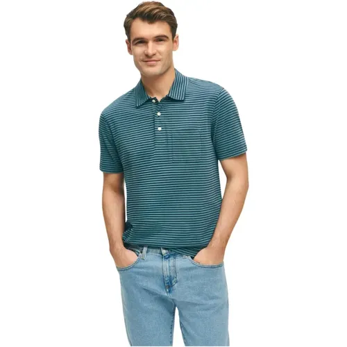 Marineblau und Grün Vintage Gewaschenes Baumwoll-Feeder-Streifen-Polohemd , Herren, Größe: XL - Brooks Brothers - Modalova