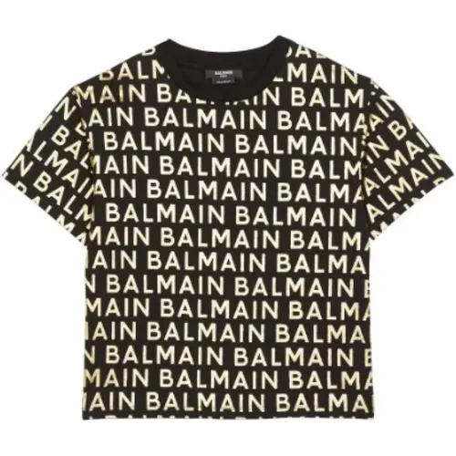 Schwarzes Junior Baumwoll T-Shirt mit Metallic Logo - Balmain - Modalova