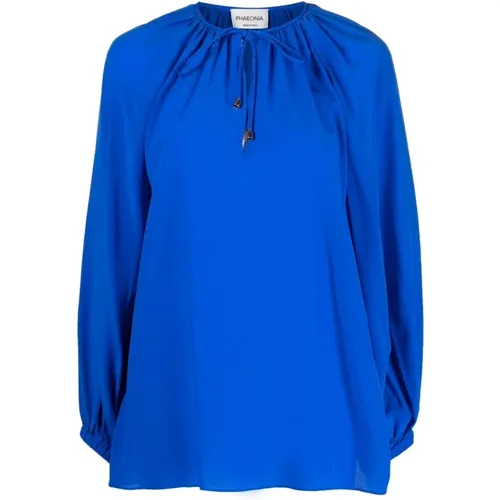 Blaue Seiden Selbstbindende Bluse , Damen, Größe: 2XS - Phaeonia - Modalova
