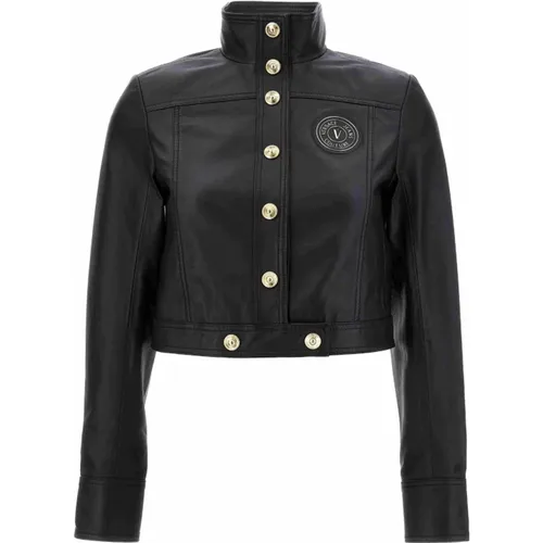 Schwarze Lederjacke Mantel , Damen, Größe: XS - Versace Jeans Couture - Modalova