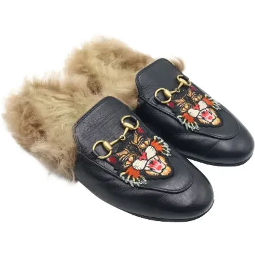 Vintage Leather Loafers with Angry Cat Appliqué , female, Sizes: 3 UK - Gucci Vintage - Modalova
