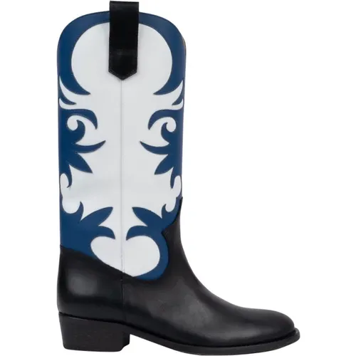 Schwarze Texanische Stiefel mit Weißem und Blauem Schaft , Damen, Größe: 36 EU - Via Roma 15 - Modalova
