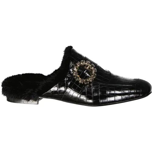 Leather Fur Mules with Crystal Buckle , male, Sizes: 3 UK - Eleventy - Modalova