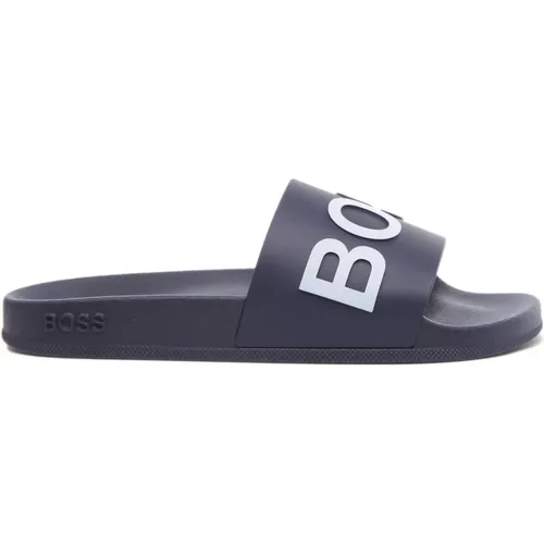 Navy Sliders with Logo Strap , male, Sizes: 7 UK, 6 UK - Boss - Modalova