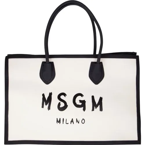 Sand Tote Bag with Black Contrast Edges and Maxi Logo , female, Sizes: ONE SIZE - Msgm - Modalova