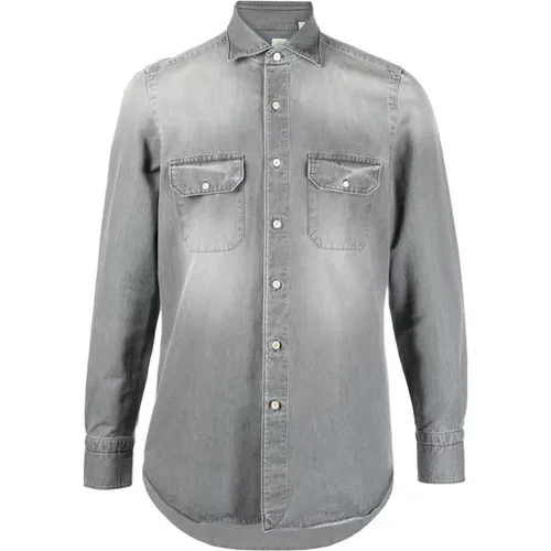 Grey Denim Spread-Collar Shirt , male, Sizes: 4XL, M - Finamore - Modalova