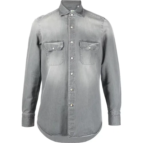 Grey Denim Spread-Collar Shirt , male, Sizes: M - Finamore - Modalova