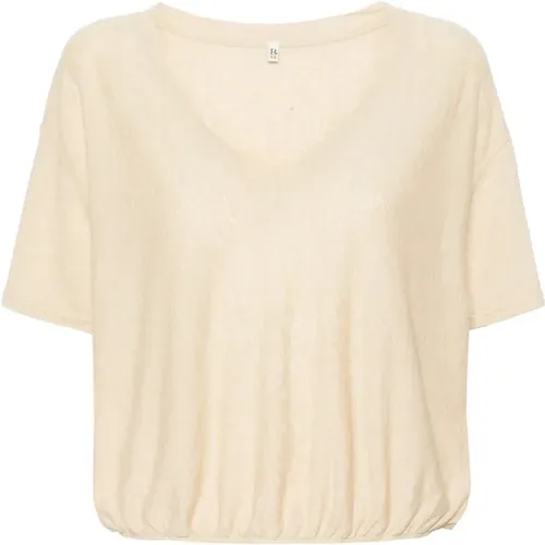 Khaki V-Ausschnitt T-Shirt mit Gerüschtem Saum , Damen, Größe: XS - R13 - Modalova