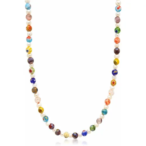 Mens Pearl Necklace with Hand-Painted Glass Beads - Nialaya - Modalova