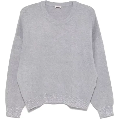 Grauer Pullover mit Kristallverzierung , Damen, Größe: XL - Liu Jo - Modalova