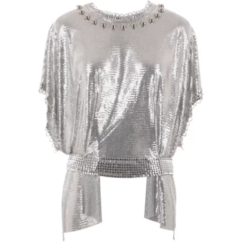 Silver Metallic Knit Top with Asymmetric Hem , female, Sizes: M, S - Paco Rabanne - Modalova