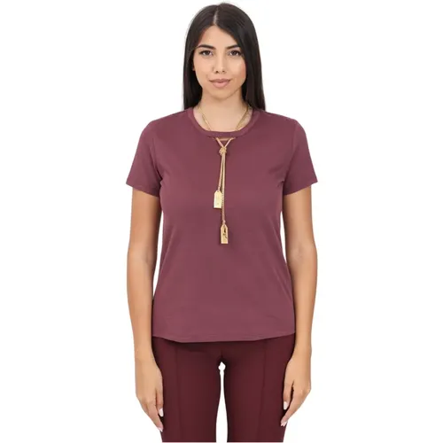 Burgundy Short-Sleeved T-shirt with Necklace , female, Sizes: S, L - Elisabetta Franchi - Modalova