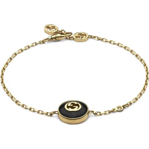 Interlocking Bracelet in gold, onyx and diamond , female, Sizes: ONE SIZE - Gucci - Modalova