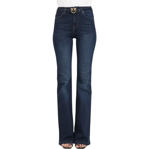 Flare-Fit Denim Jeans mit Love Birds Diamond Cut Schnalle - pinko - Modalova