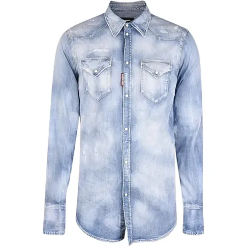 Blaues Jeanshemd mit Used-Effekt und Druckknöpfen , Herren, Größe: S - Dsquared2 - Modalova