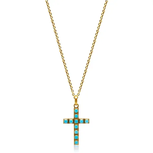 Men's Gold Necklace with Turquoise Cross Pendant , male, Sizes: ONE SIZE - Nialaya - Modalova