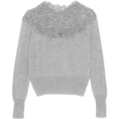 Grey Cashmere Knit Sweater Lace Detail , female, Sizes: M - Ermanno Scervino - Modalova