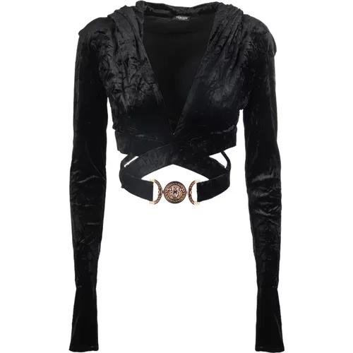 Velvet Hooded Top with Crisscross Waist , female, Sizes: XS - Versace - Modalova