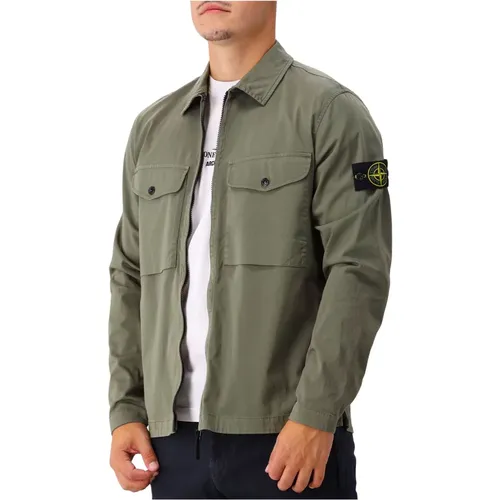 Grünes Satin-Overshirt mit Reißverschluss , Herren, Größe: 3XL - Stone Island - Modalova