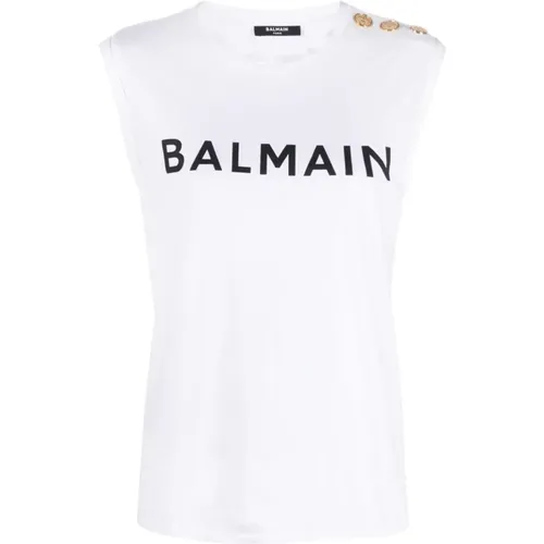 Weißes ärmelloses Logo-T-Shirt mit goldenen Knöpfen , Damen, Größe: M - Balmain - Modalova