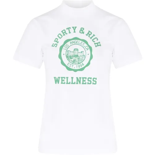 Emblem Weißes T-Shirt mit grünem Logo , Damen, Größe: XS - Sporty & Rich - Modalova