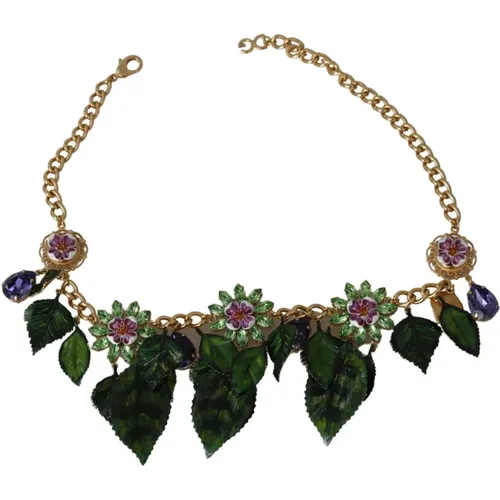 Vergoldete Kristallkette mit Blattanhänger - Dolce & Gabbana - Modalova