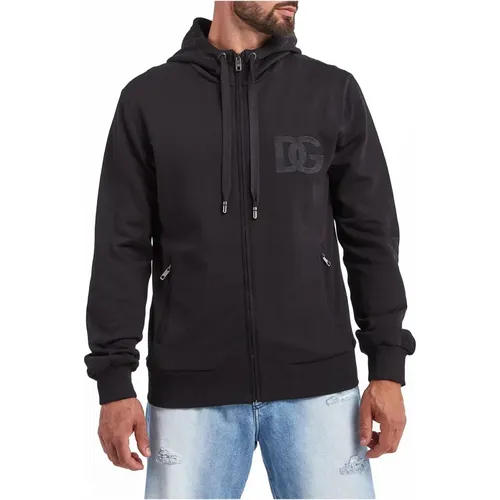 Schwarze Sweatjacke mit Kapuze und Besticktem Logo , Herren, Größe: XL - Dolce & Gabbana - Modalova