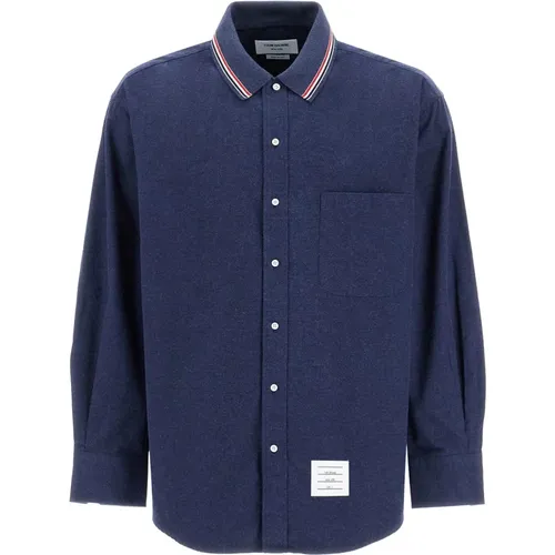 Oversized Flannel Shirt with Tricolor Band , male, Sizes: L, S - Thom Browne - Modalova