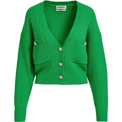 Grüner V-Ausschnitt Cardigan mit Strassknöpfen , Damen, Größe: ONE Size - Essentiel Antwerp - Modalova