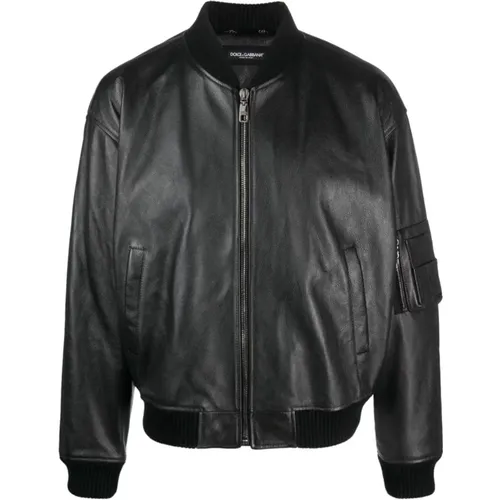 Leather Zip-Up Bomber Jacket , male, Sizes: L, M - Dolce & Gabbana - Modalova