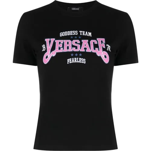 Logo-print Cotton T-shirt with Slogan , female, Sizes: XS, 2XS - Versace - Modalova