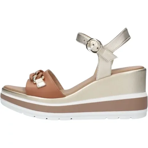 Trendige Cognac Sandalen mit Sleehak , Damen, Größe: 37 EU - Nerogiardini - Modalova