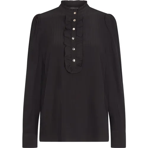 Feminine Schwarze Bluse mit Rüschen-Details , Damen, Größe: L - FREEQUENT - Modalova