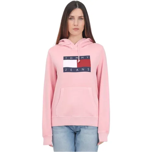 Rosa Hoodie mit Flaggenprint , Damen, Größe: L - Tommy Jeans - Modalova