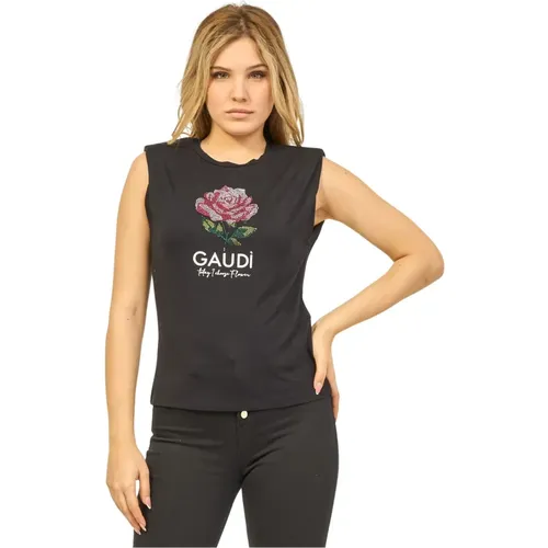 Schwarzes Stretch-Jersey T-Shirt mit Strassblume , Damen, Größe: XL - Gaudi - Modalova