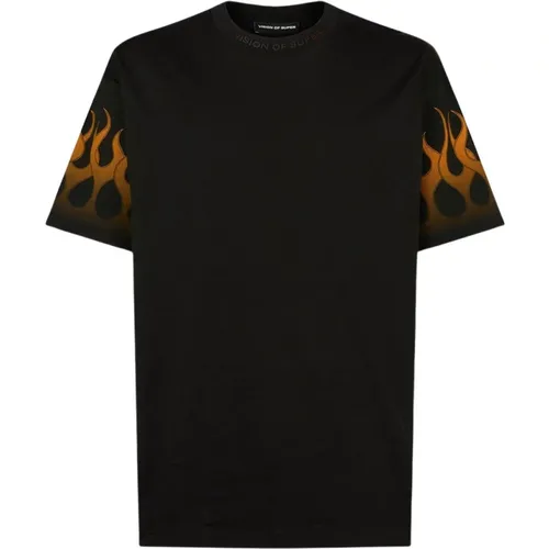 Schwarzes Flammen Oversized Baumwoll-T-Shirt , Herren, Größe: L - VISION OF SUPER - Modalova