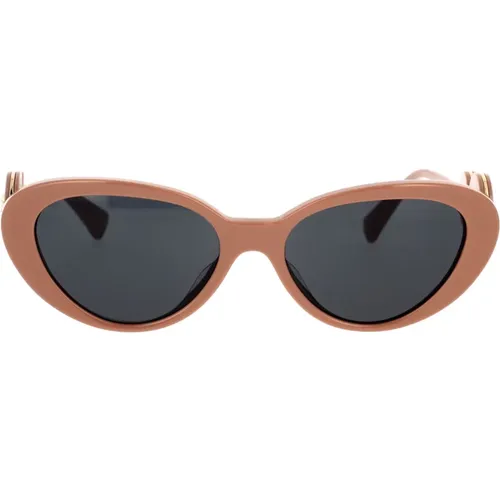 Cat-Eye Sonnenbrille mit dunkelgrauer Linse und beigefarbenem Rahmen - Versace - Modalova