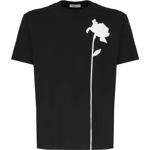 Schwarzes Baumwoll-T-Shirt mit Blumenstickerei - Valentino Garavani - Modalova